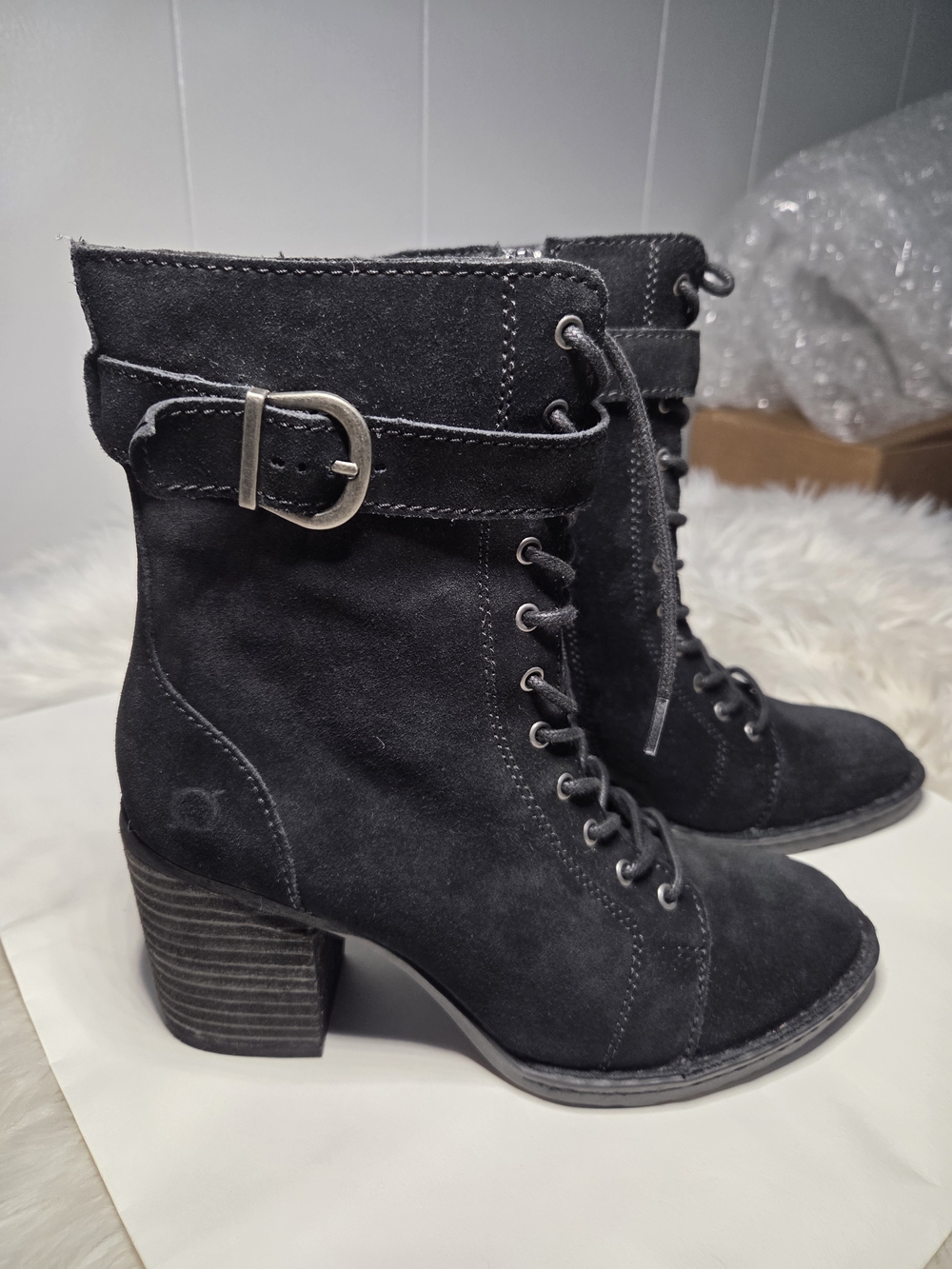 Born Black Suede Combat Granny Style Boots w/Buckle Accent Size 7.5 NwT